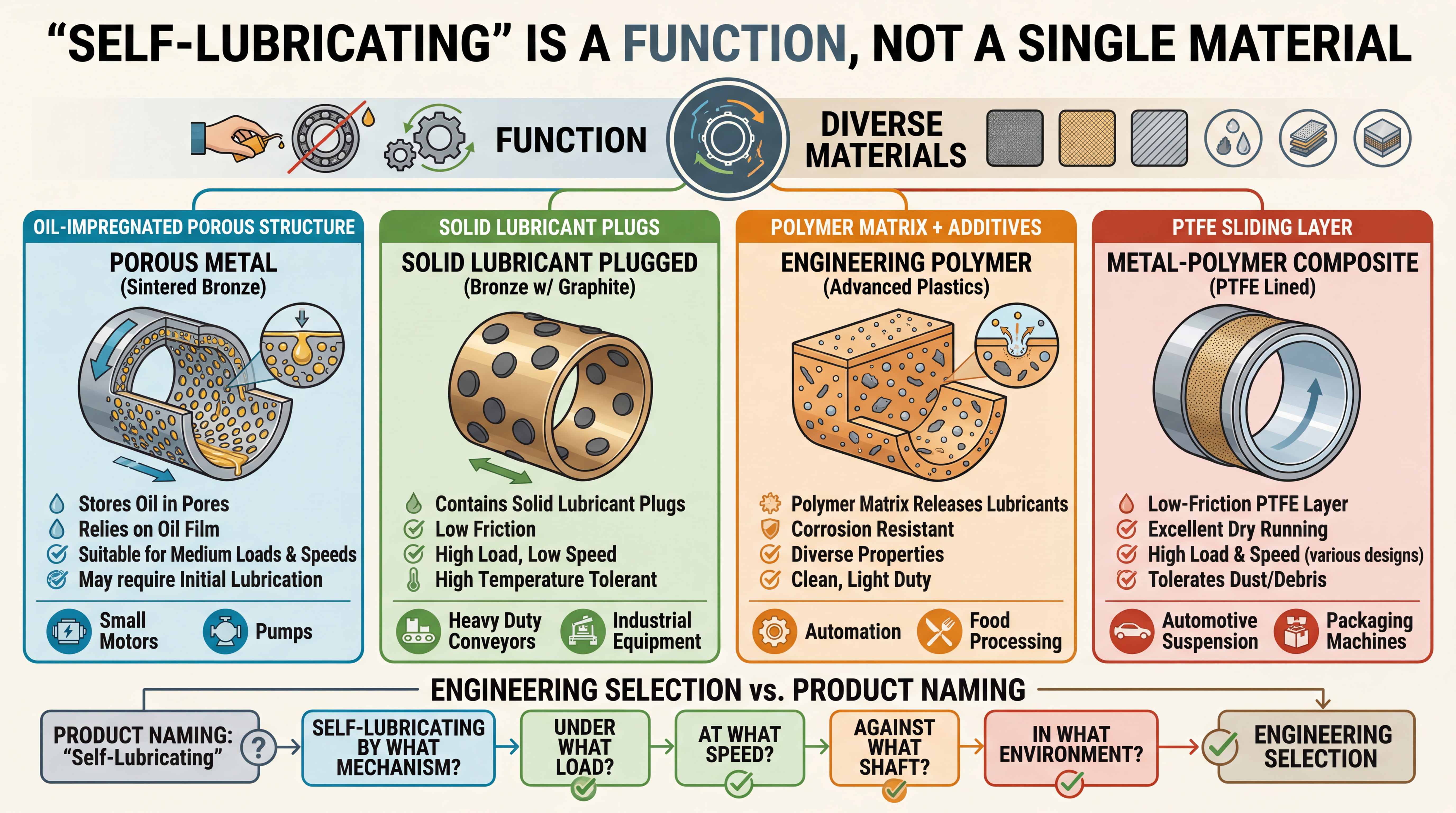Self-lubricating bearing mechanisms comparison showing oil-impregnated bronze, graphite-plugged bronze, polymer, and PTFE-lined composite bearings